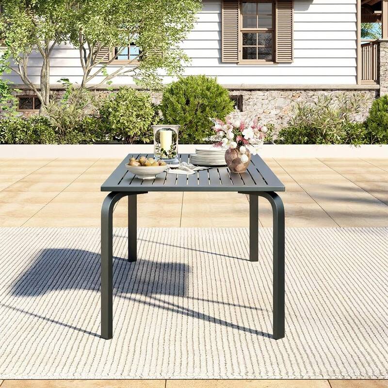 70.9" x 35" Outdoor Dining Table, with Slat Top & Umbrella Hole - Black
