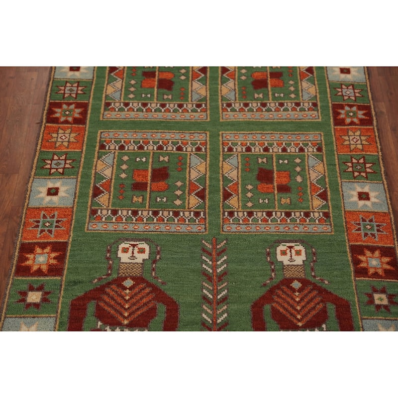 Tribal Green Kazak Indian Runner Rug Hand-Knotted Wool Carpet - 3'11"x 9'10"