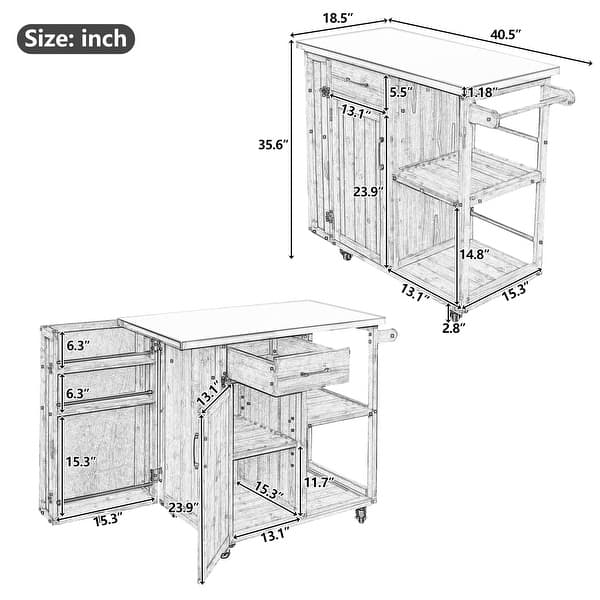 Outdoor Kitchen Island with Stainless Steel Top & Storage, Lockable Wheels