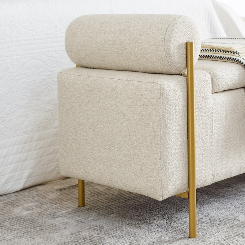 Linen Upholstered Storage Bench with Cylindrical Arms and Iron Legs