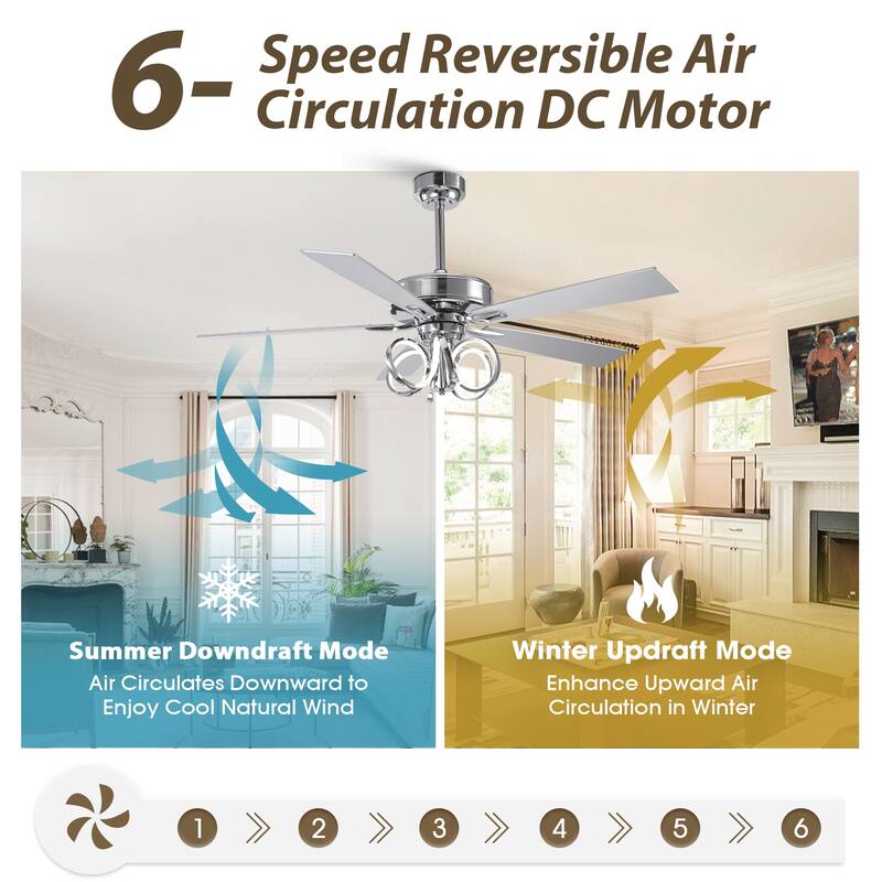 52-inch Modern Chrome Ceiling Fan with Dimmable LED Light and Reversible Motor - 52-inch W*19.3-inch H