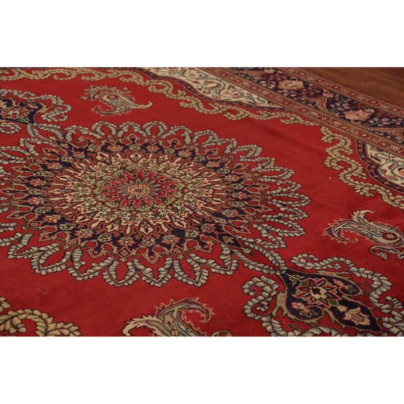 Red Medallion Tabriz Persian Vintage Area Rug Handmade Wool Carpet - 9'10" x 13'4"