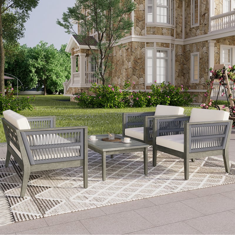 4-Pieces Acacia Wood Patio Furniture Set, Outdoor Coffee Table Conversation Set Deep Seating w/ Soft Cushion - Beige