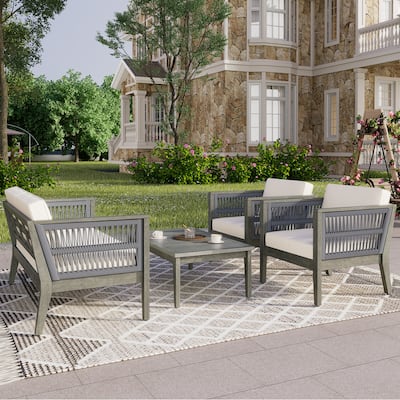 4-Pieces Acacia Wood Patio Furniture Set, Outdoor Coffee Table Conversation Set Deep Seating w/ Soft Cushion