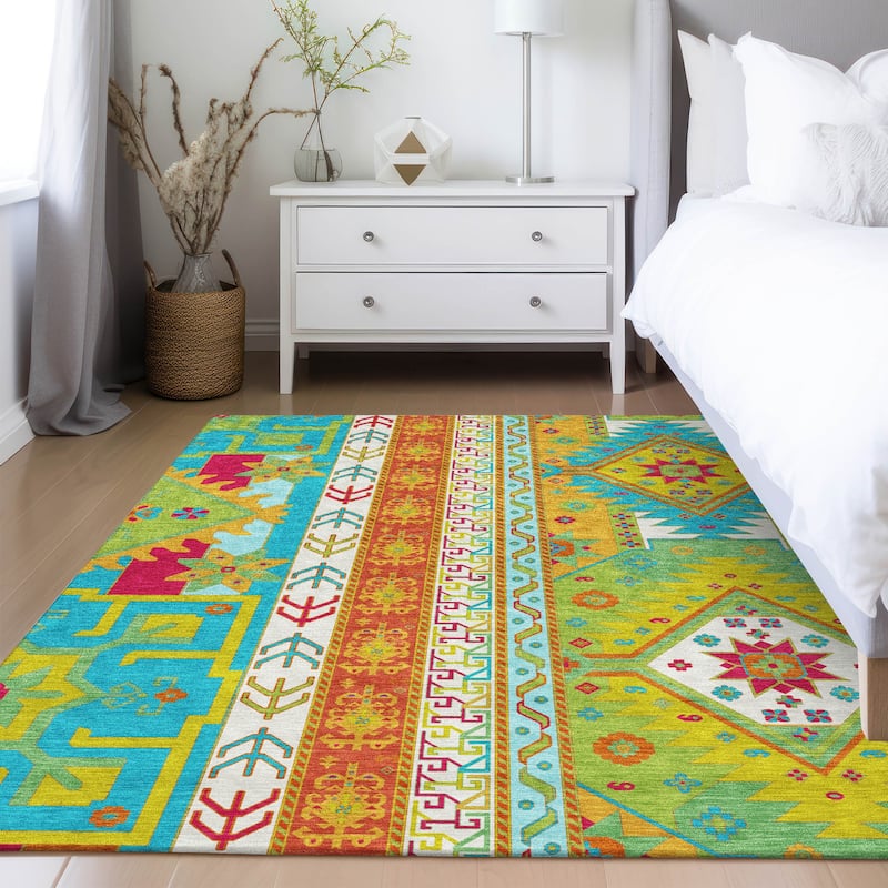 Machine Washable Indoor/ Outdoor Boho Tribal Chantille Rug