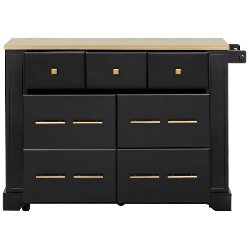 Kitchen Island with 6 Drawers, Pull Out Trash Can Storage, with Drop Leaf, Power Outlet, 5 Open Side Racks