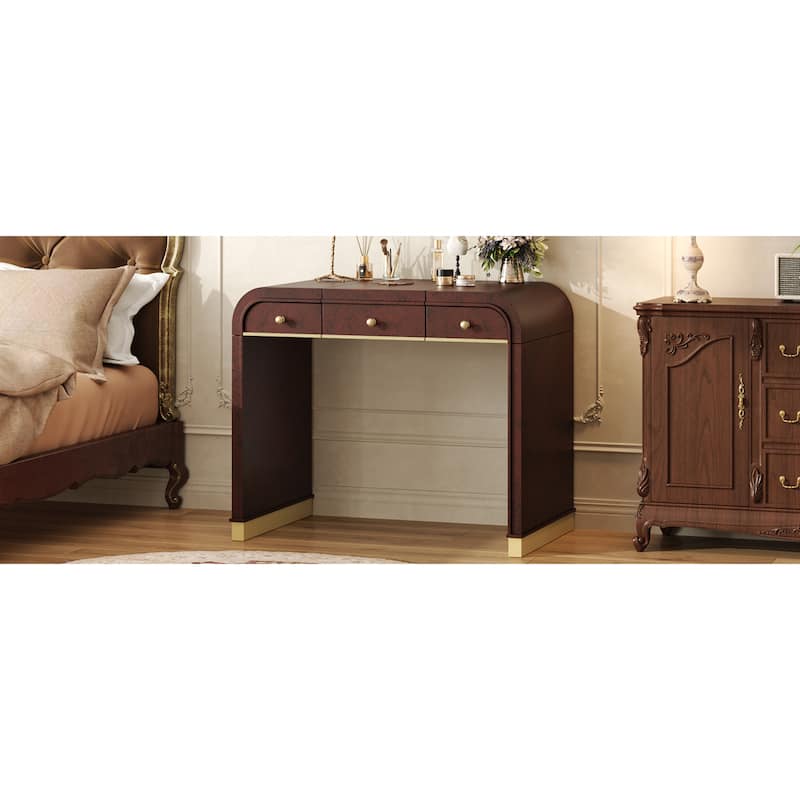 Roomfitters Flip Top Vanity Desk with Mirror and Hidden Storage, Modern Makeup Table with Gold Trim for Small Space