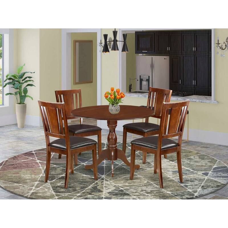 HomeStock 5-Piece Mahogany Finish Solid Wood Top Dining table with 4-Chairs with Drop Leaf Lattice Back