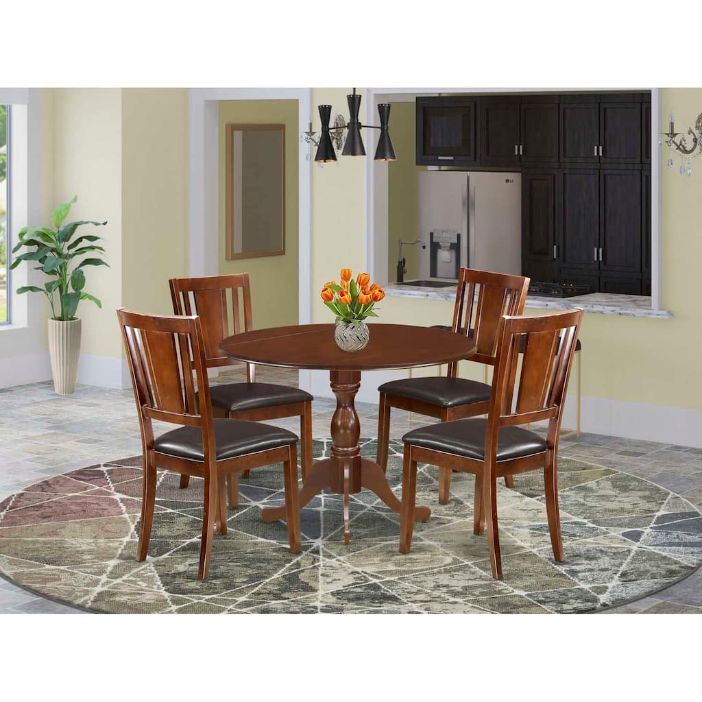 HomeStock 5-Piece Mahogany Finish Solid Wood Top Dining table with 4-Chairs with Drop Leaf Lattice Back