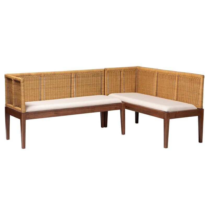 Tabanan Modern Bohemian Nautral Brown Rattan and Brown Acacia Wood 2-Piece Dining Nook Banquette Set - Set of 2