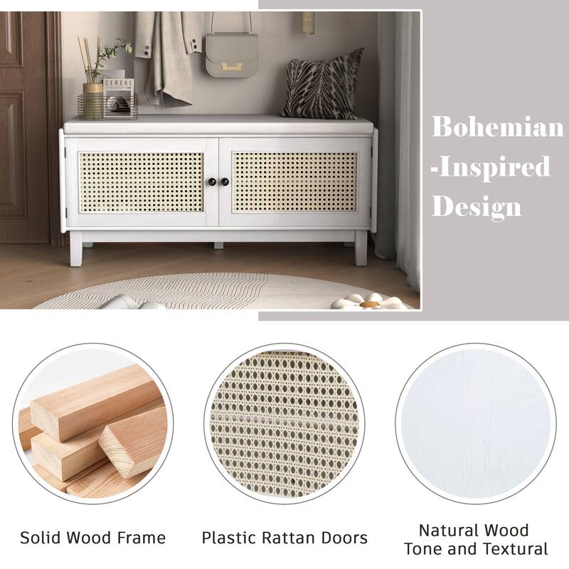 Roomfitters Entryway Storage Bench, Boho Rattan Cabinet, Hallway Organizer Seat with Cushion