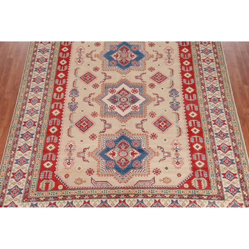 Hand Knotted Oriental 100% Wool Carpet Traditional Geometric Peach Kazak Area Rug - 9' 9'' X 8' 4''