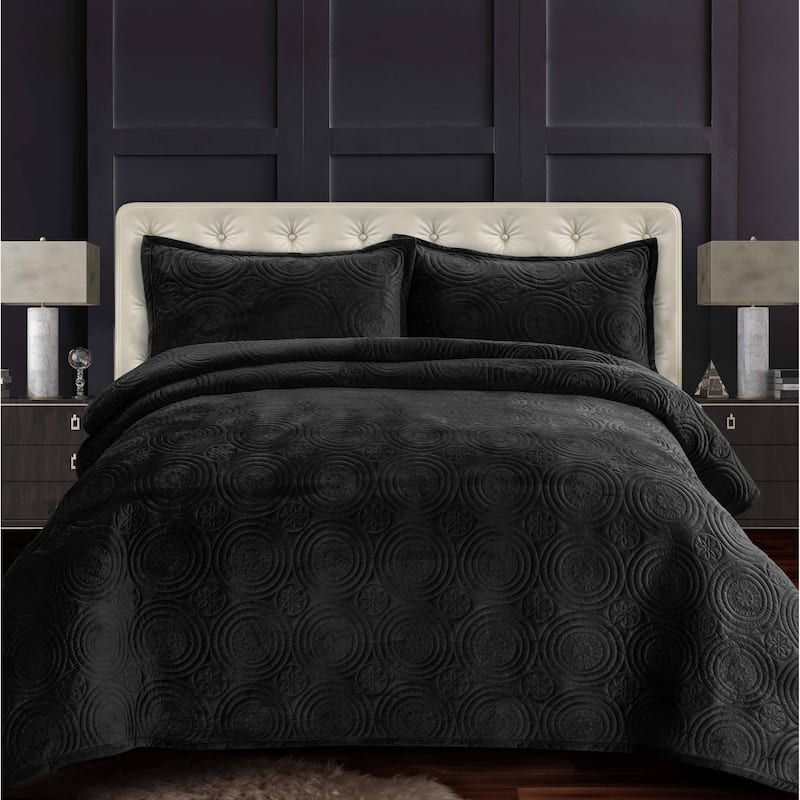 Capri Medallion Velvet Oversized Solid Quilt Set - Steel Grey - King
