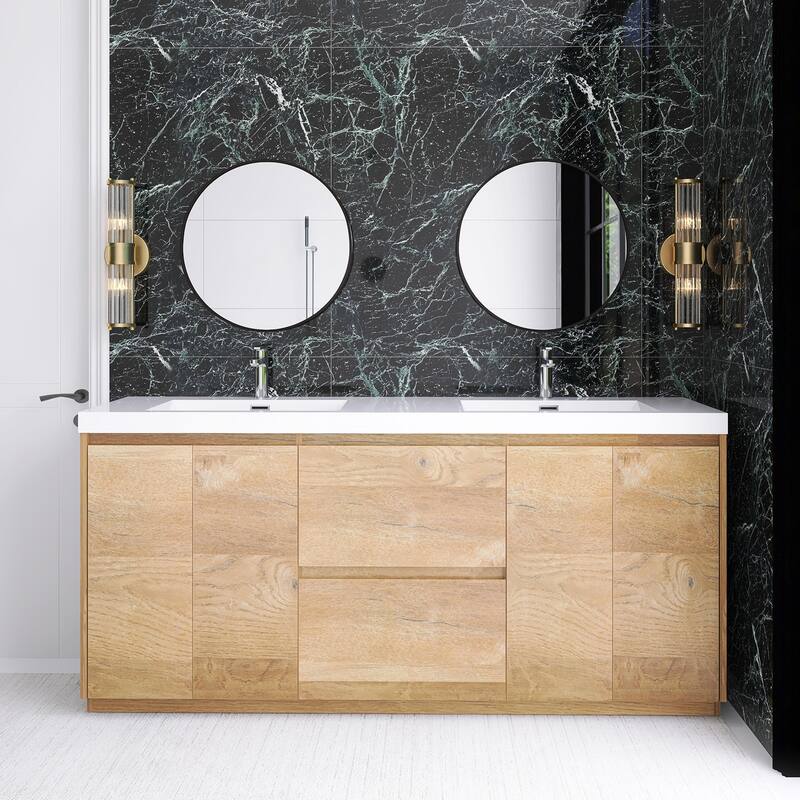 Floating Bathroom Vanity with Integrated Resin Top - 70.87'' x 19.69'' x 33.46'' - Wood Finish - Natural Oak