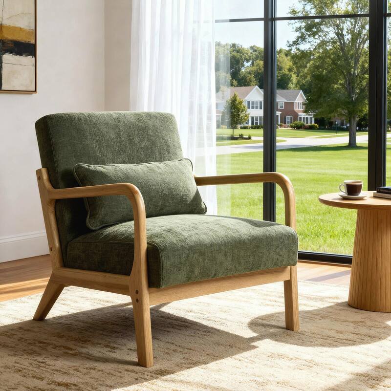 Mid Century Modern Armchair, Accent Chair with Solid Wood Frame and Detachable Lumbar Pillow for Living Room