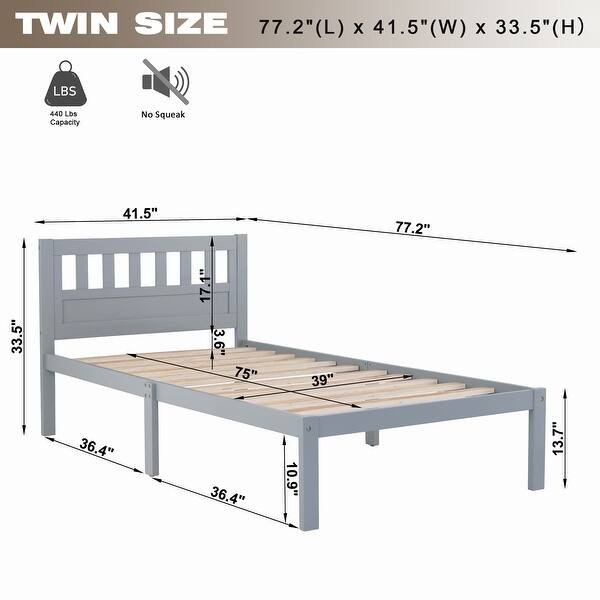 Gray Twin Size Bed Platform Frame with Headboard