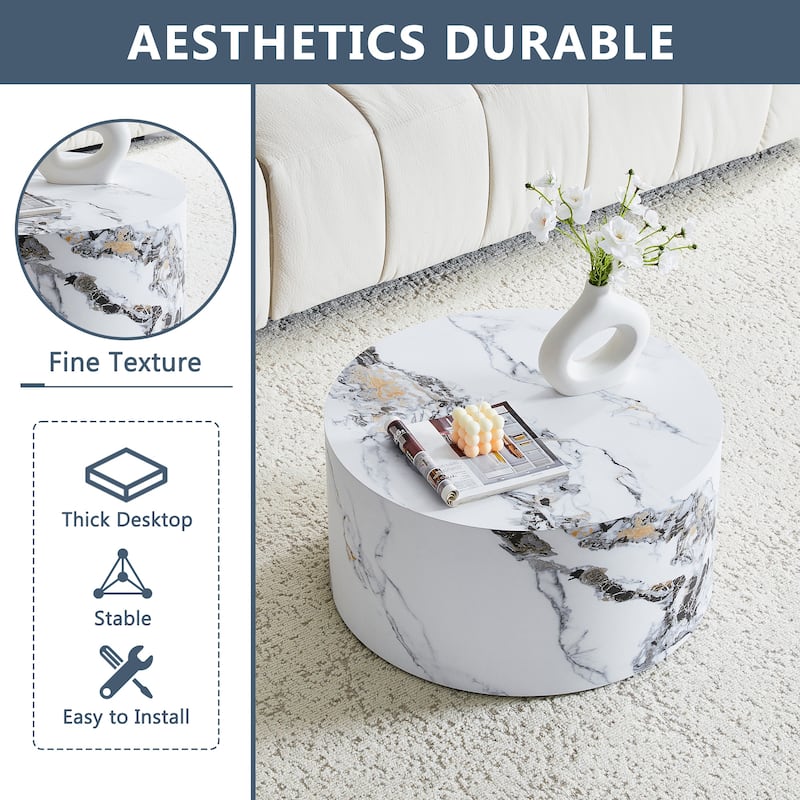 Marble Texture Round MDF Coffee Table: 23.6" Diameter × 11.8" Height, Modern Minimalist Style, Perfect for Living Room