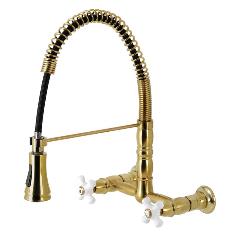 Heritage Two-Handle Wall-Mount Pull-Down Sprayer Kitchen Faucet - Brushed Brass