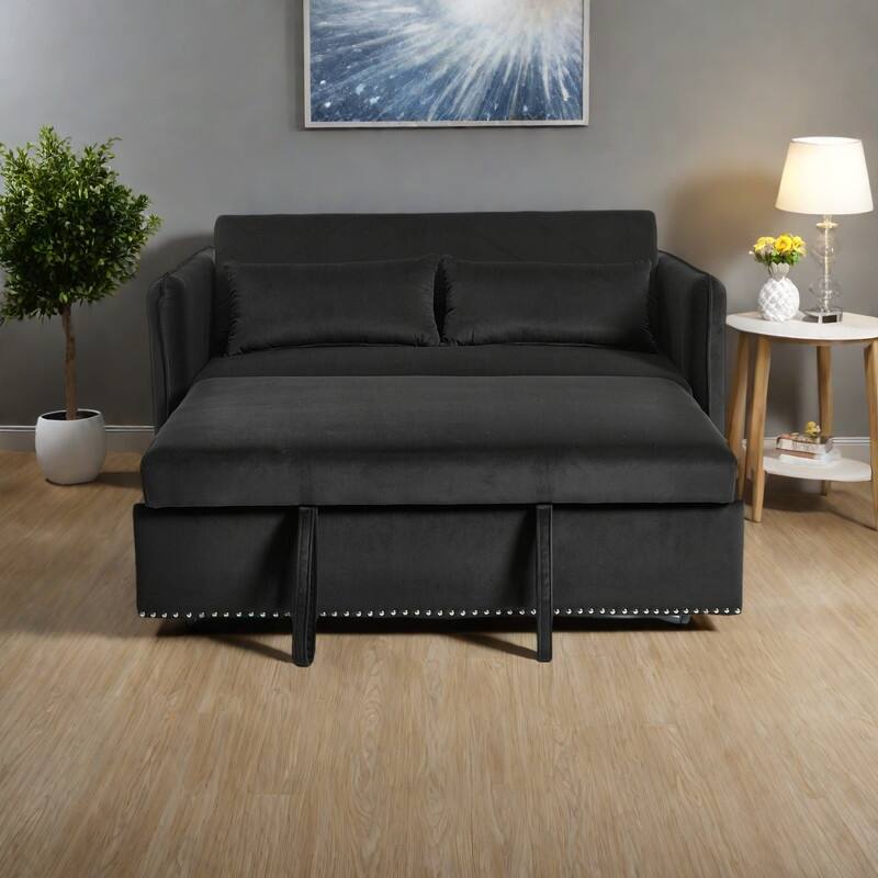 55" Velvet Convertible 3-in-1 Sleeper Sofa Bed with Reclining Backrest, Side Pockets, and 2 Pillows - Black