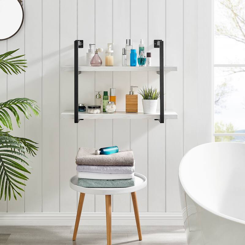 Danya B. Modern 2-Tier Hanging Bracket Wall Shelves in Black Metal and White Birch Finish