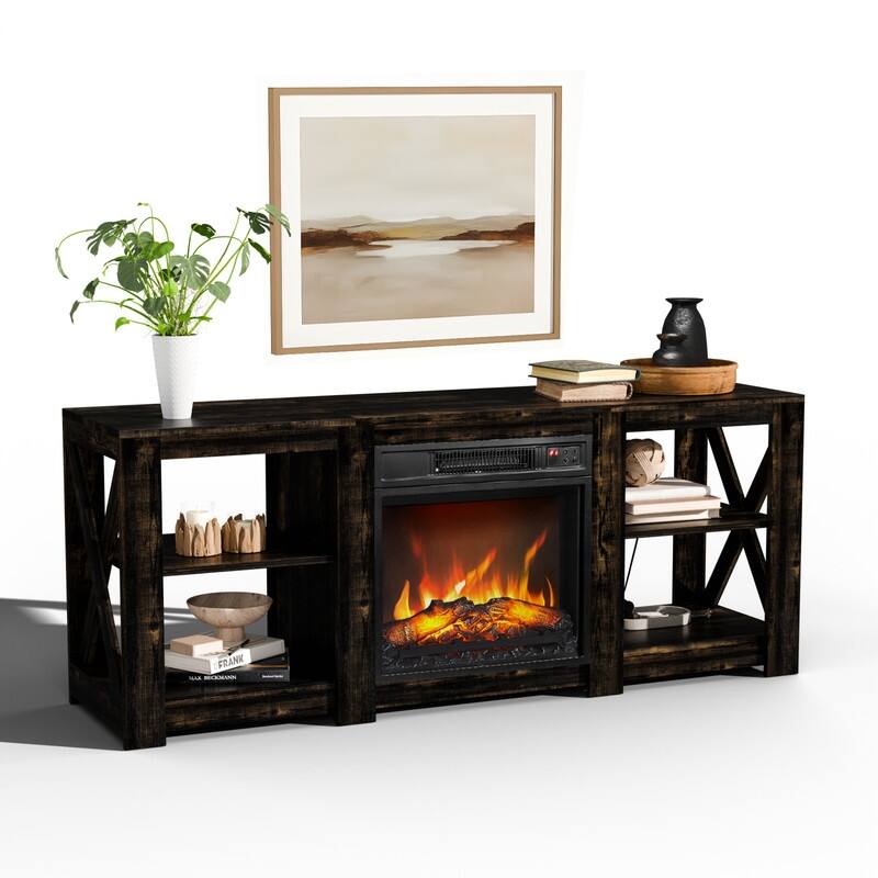 TV Stand with Optional Fireplace for TVs up to 70in Farmhouse Entertainment Center with Adjustable Shelves