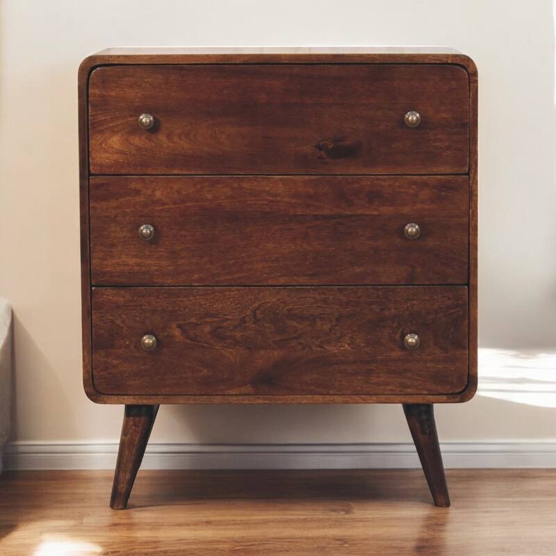 Artisan Furniture Solid Wood Curved California Walnut Chest, Brown with 3 Drawers