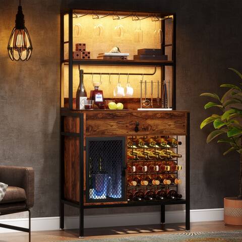Freestanding 32-bottle Wine Rack Table with Drawer and 6 Hooks, Liquor Cabinet with Wine Glass Holders, Wine Bakers Rack, Brown
