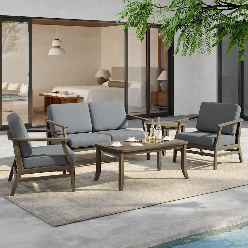 5-Piece Outdoor Teak Wood Patio Conversation Set with Cushions - NaturalFrame-Grey