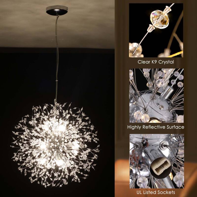 8/ 9-Light Modern Glam Sputnik Firework Pendant Sphere Starburst Chandelier with Crystal Beaded