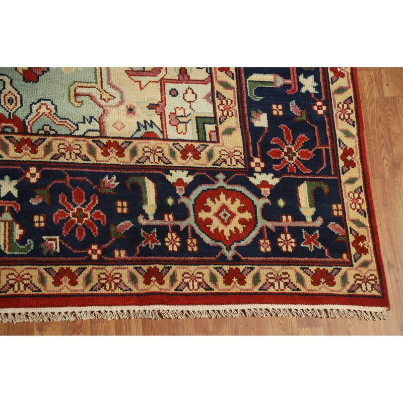 Medallion Heriz Serapi Large Rug Hand-Knotted Orange Wool Carpet - 9'9" x 13'8"