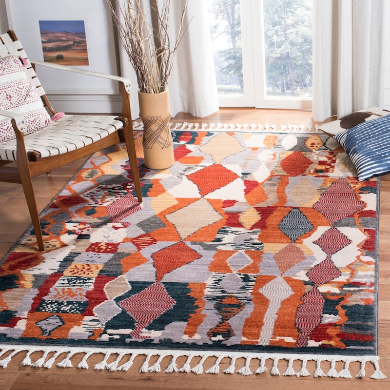 SAFAVIEH Farmhouse Liang Boho Tribal Polyester Rug - 3' x 5' - Orange/Navy