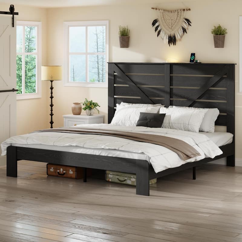 Wood Platform Bed with Rustic Headboard Black Metal Frame Support, Solid Wood Slats No Box Spring Needed Large Under-Bed Storage - Black - King