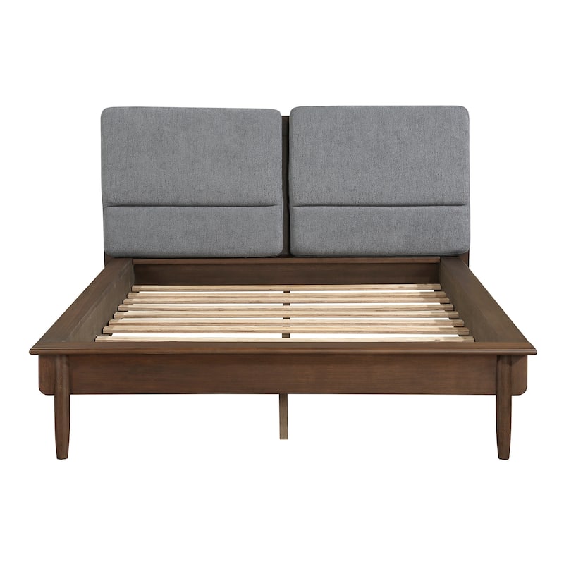 Soly Queen Size Platform Bed, Upholstered Back Panel, Brown, Dark Gray