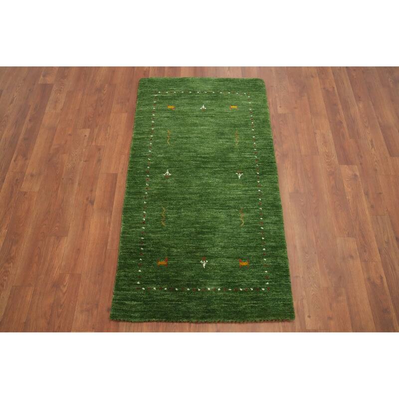 Hand Knotted Oriental 100% Wool Carpet Tribal Animal Pictorial Green Gabbeh Area Rug - 4' 0'' X 2' 2''