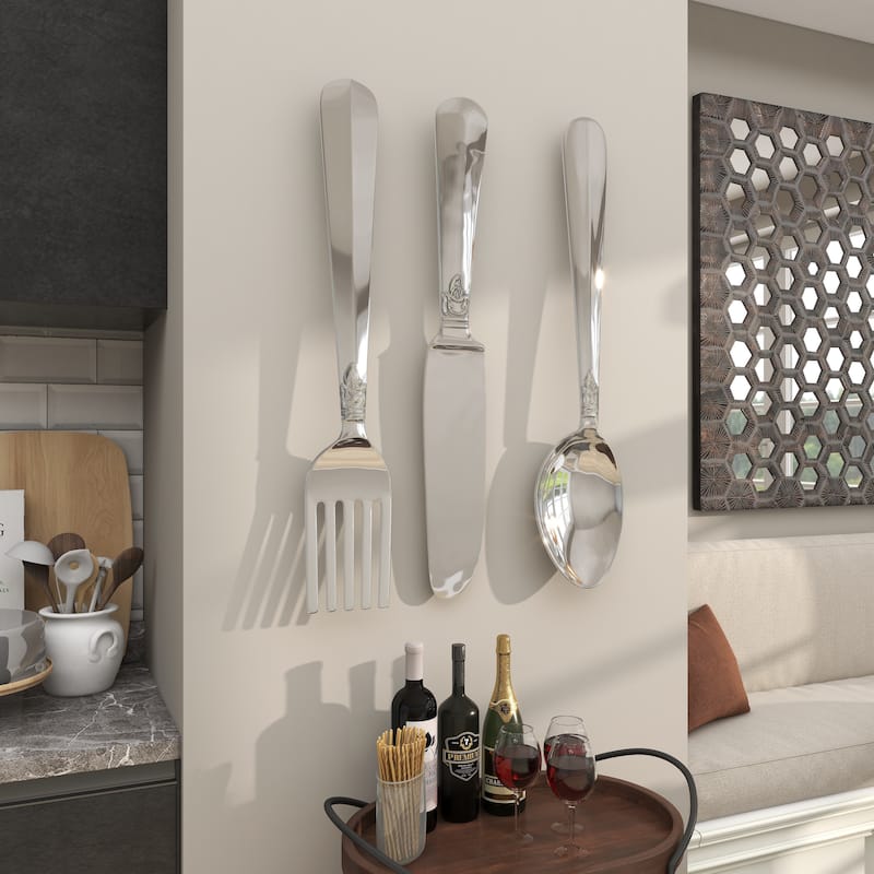 Aluminum Metal Large Knife, Spoon, and Fork Utensils Wall Decor (Set of 3) - Silver or Copper