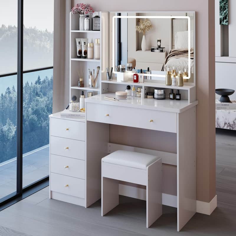 Dresser Set with Cushioned Stool, Extra Large Touch Control LED Mirror, Vanity Table with 3 Color Switch, High Capacity Storage