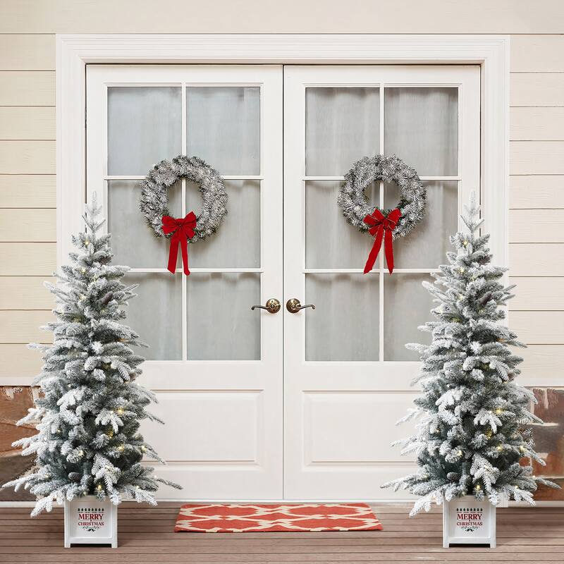 5Ft Pre-Lit Snow Flocked Full Pine Potted Artificial Christmas Tree - 60" H x 31.5" Diameter