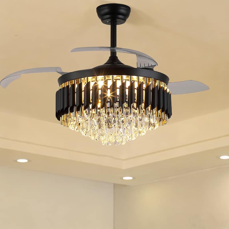 48" Crystal Chandelier Ceiling Fan with Light and Retractable Blades LED Dimmable DC Motor for Bedroom Living Room Kid's Room