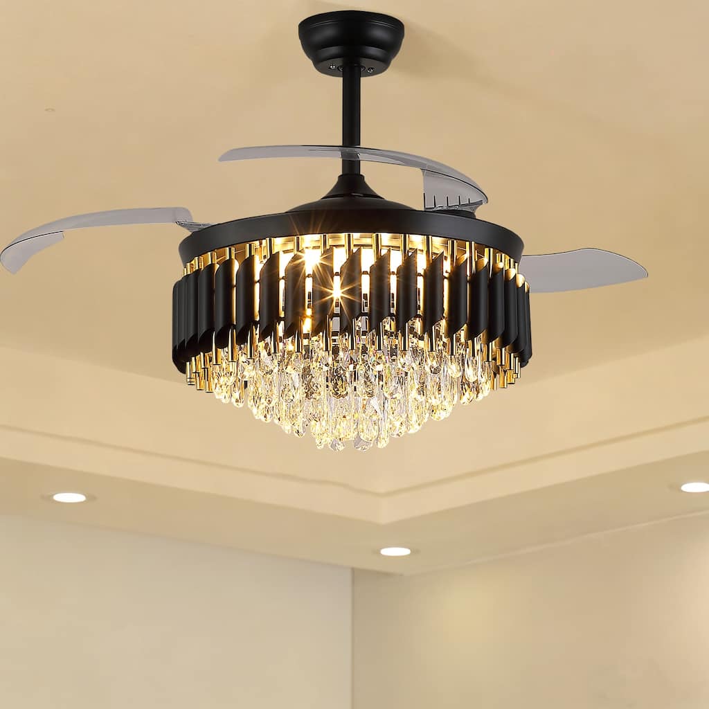 48" Crystal Chandelier Ceiling Fan with Light and Retractable Blades LED Dimmable DC Motor for Bedroom Living Room Kid's Room