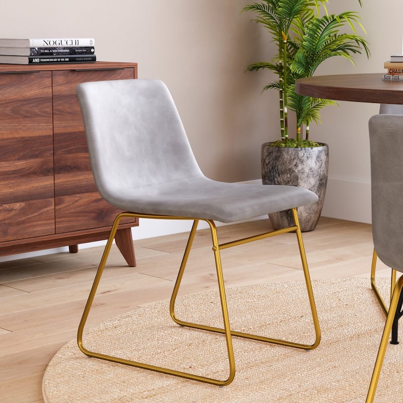 18 Inch Indoor Dining Table Chairs, LeatherSoft Upholstery-Set of 2 - Light Gray Faux Leather/Gold Frame