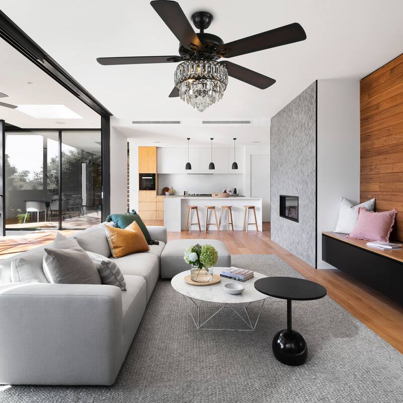 CurveCurio 52-inch Classic Ceiling Fan with Crystal Light Shade, 3 Light, Remote Control and Pull Chain Control for Living Room