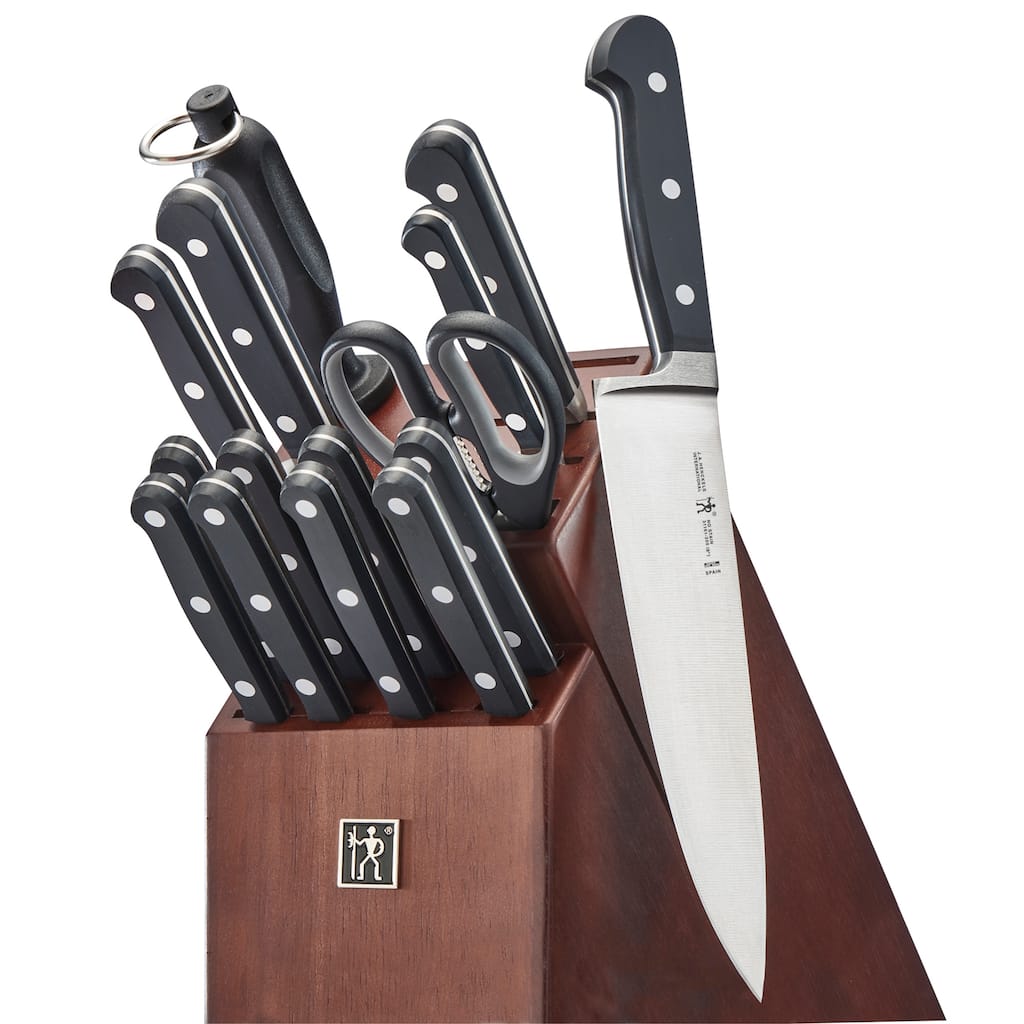 HENCKELS Classic Razor-Sharp 16-pc Knife Block Set, Chef Knife, Bread Knife, Carving Fork and Knife, , Dark Brown Block - Ash