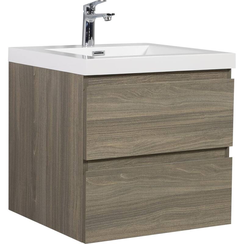 35.5-Inch Floating Bathroom Vanity with Glossy Resin Sink, Ash Grey Color, Wall-Mounted Design, 2 Drawers