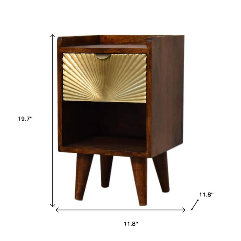 HomeRoots 20" Chestnut And Gold Solid Wood Carved Geometric One Drawer Nightstand
