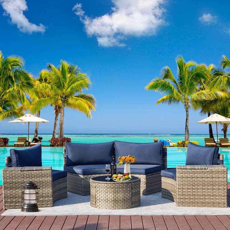 AVAWING 7 Pieces Half Moon Patio Conversation Set PE Wicker Sectional Sofa - Blue