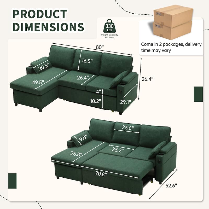 80" L-Shaped Sofa Couch Bed, Sofa Sleeper with Pull Out Bed, Reversible Sleeper Sofa Bed
