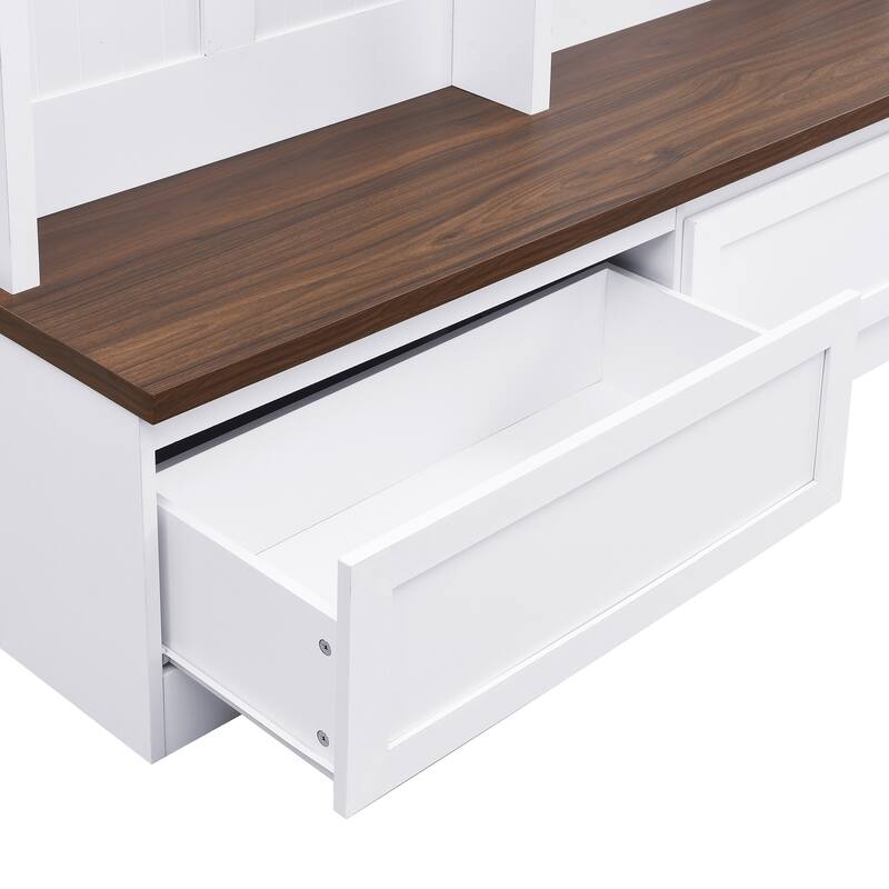 Farmhouse 4-in-1 Hall Tree with Wood Grain Bench, Mudroom Versatile Coat Rack with 2 Large Drawer, Entrance Organizer, 55.9"W