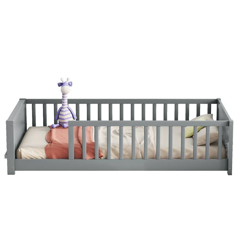 Wooden Floor Bed Frame with Slats Support, Practical Twin Size Kids Bed Frame with Safety Fence and Built In Book