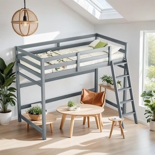 Twin Size High Loft Bed with inclined Ladder and Guardrails, Grey