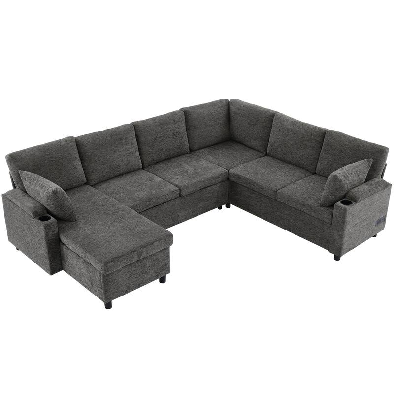 U-Shaped Chenille Sectional Sofa with Storage Chaise Lounge, Convertible Sleeper Sofa Bed with Cup Holders & Charging Ports